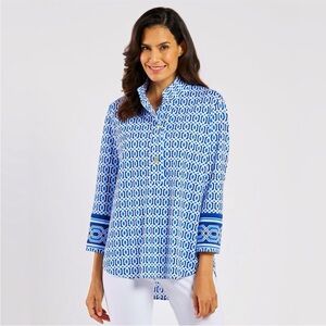 Jude Connally Blue and White Geometric Print Button-Down Collar